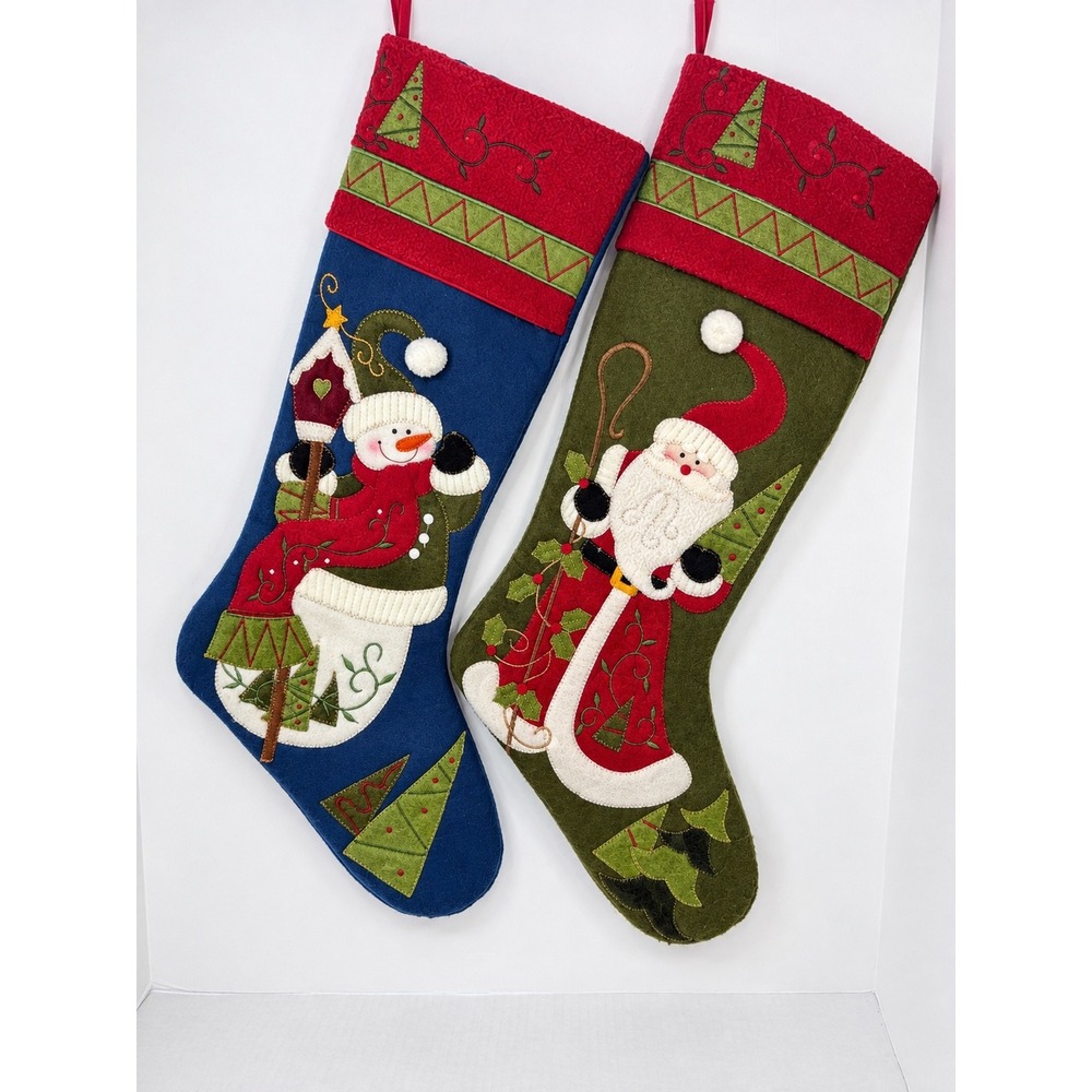 VTG set 2 Prima Creations Christmas Stockings Santa Snowman Felt Rustic 22"
